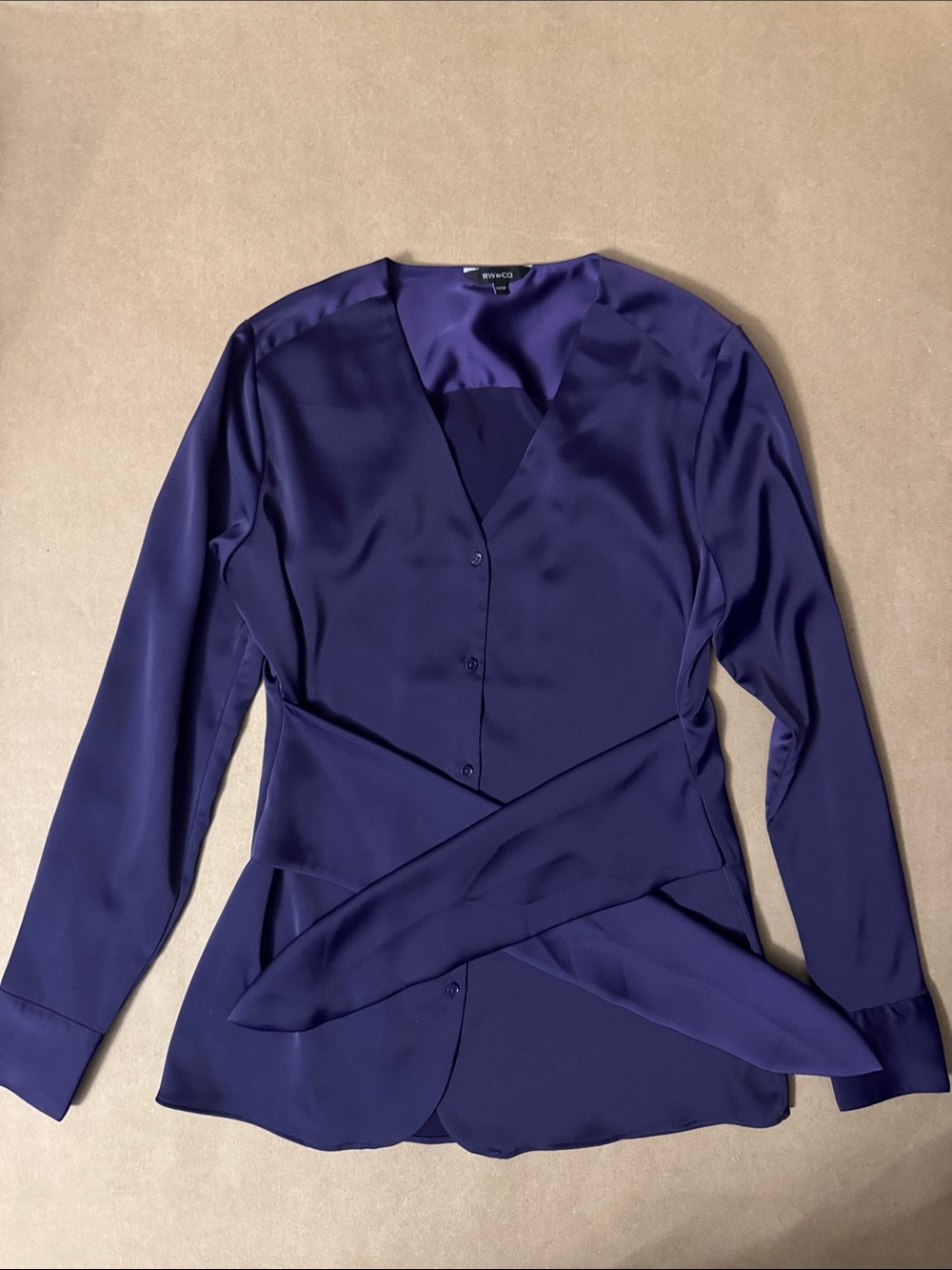 RW&CO. Deep Navy Satin Button-Front Blouse Tie Waist
